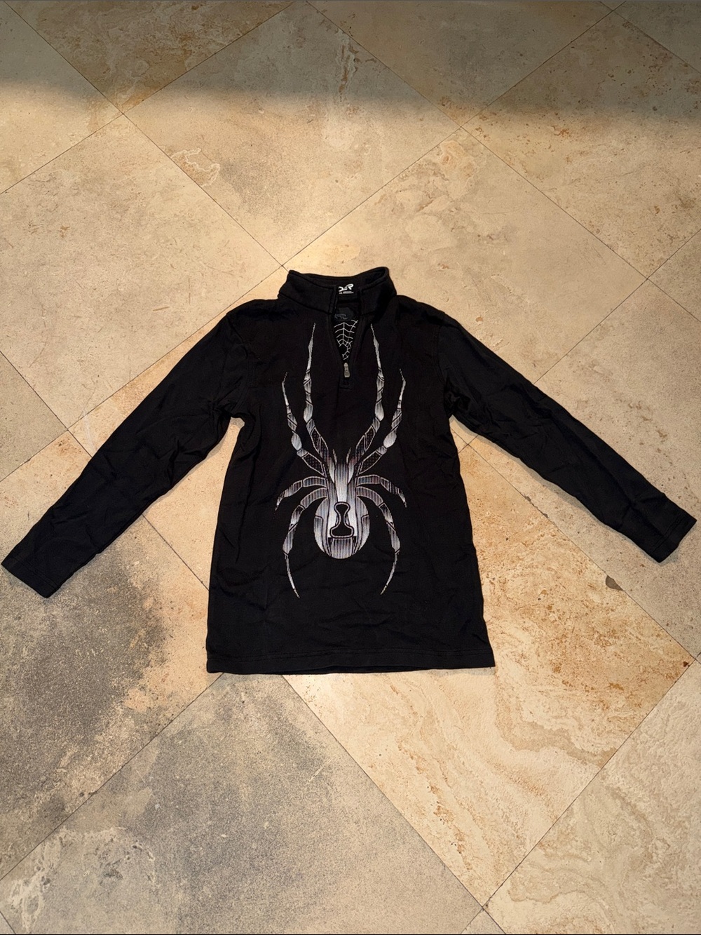 Black Long-Sleeve Quarter-Zip Sweater with Spider Graphic